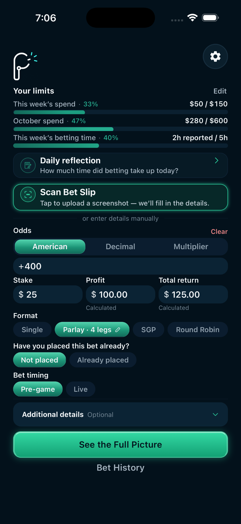 Pivot home screen with spending limits, bet details, and See the Full Picture button