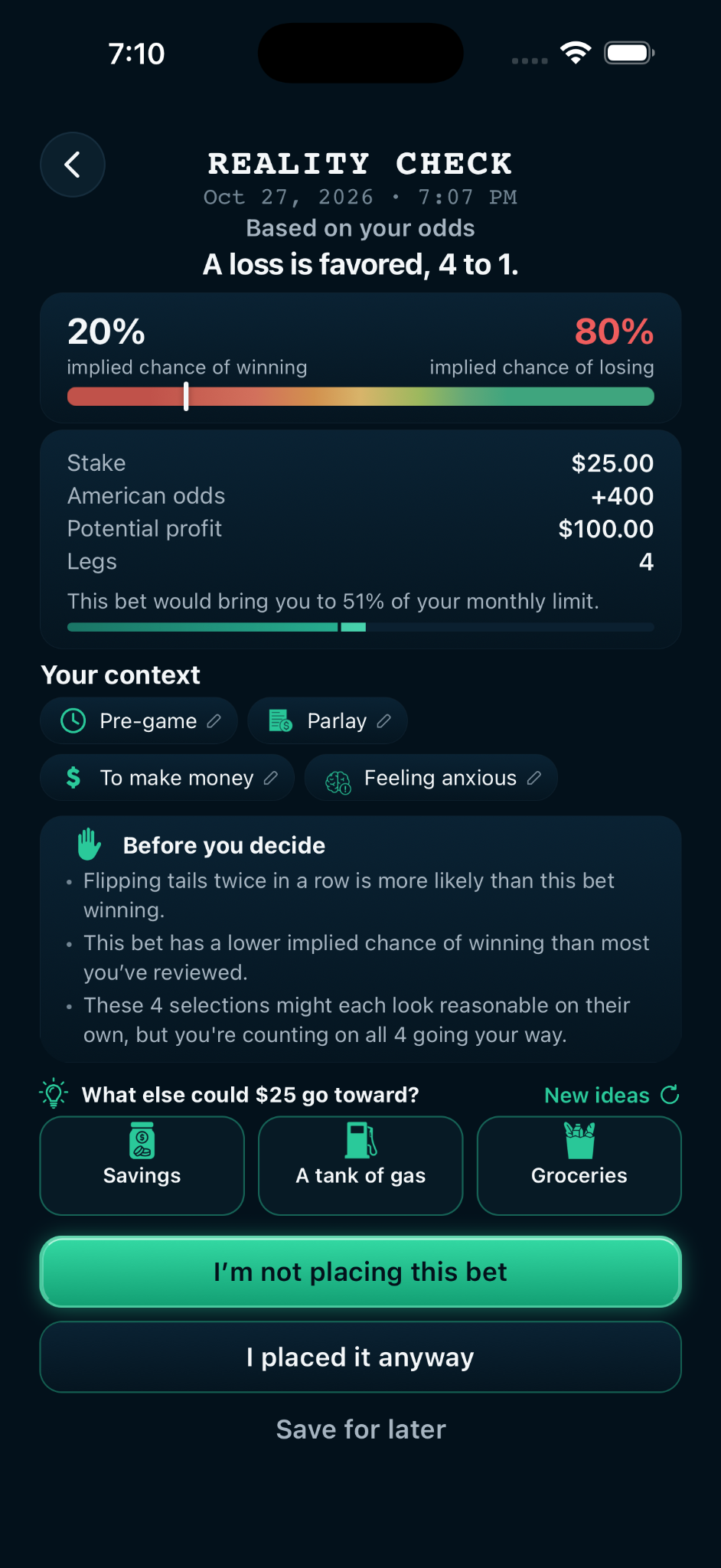 Pivot Reality Check showing odds, a loss likelihood, personal context, and alternatives